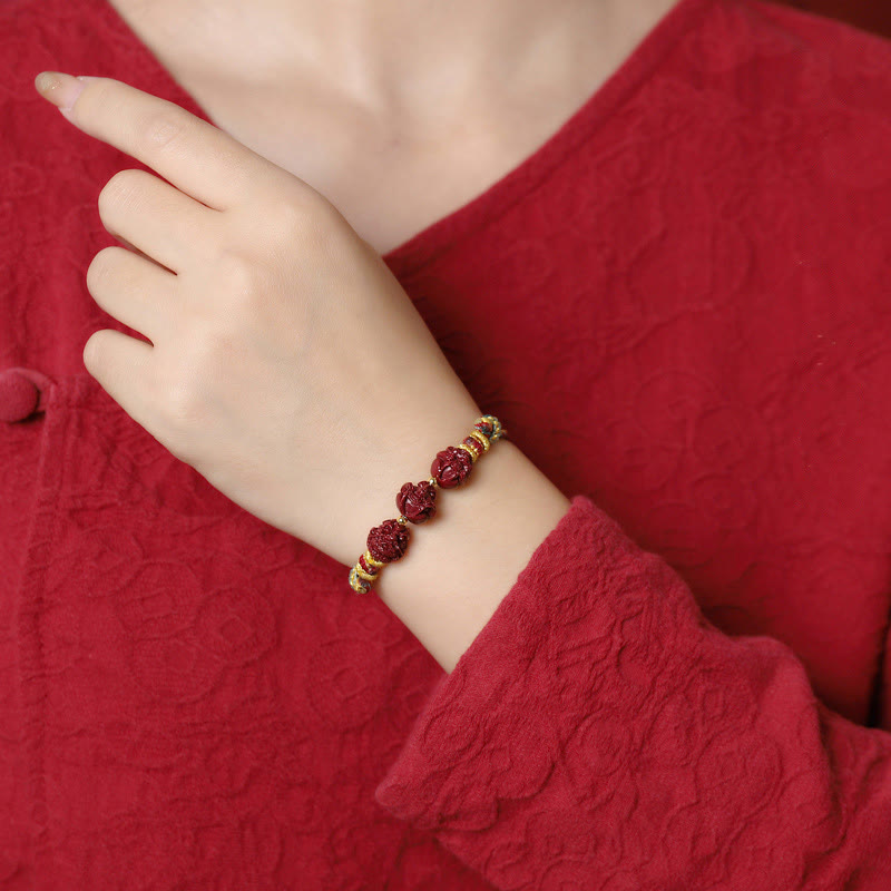 Handmade Cinnabar Chinese Zodiac Bracelet with Dark Red String Blessings