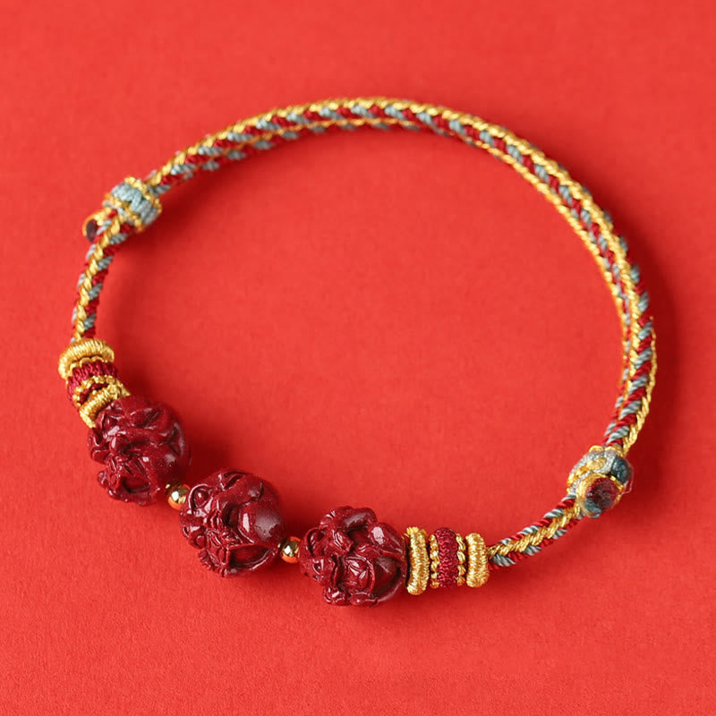 Handmade Cinnabar Chinese Zodiac Bracelet with Dark Red String Blessings