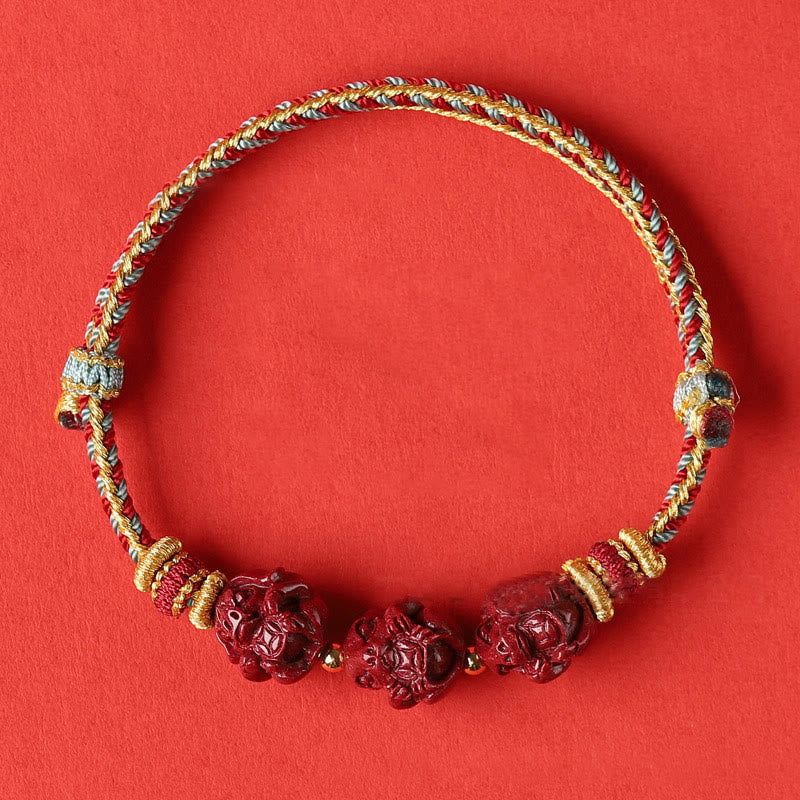 Handmade Cinnabar Chinese Zodiac Bracelet with Dark Red String Blessings