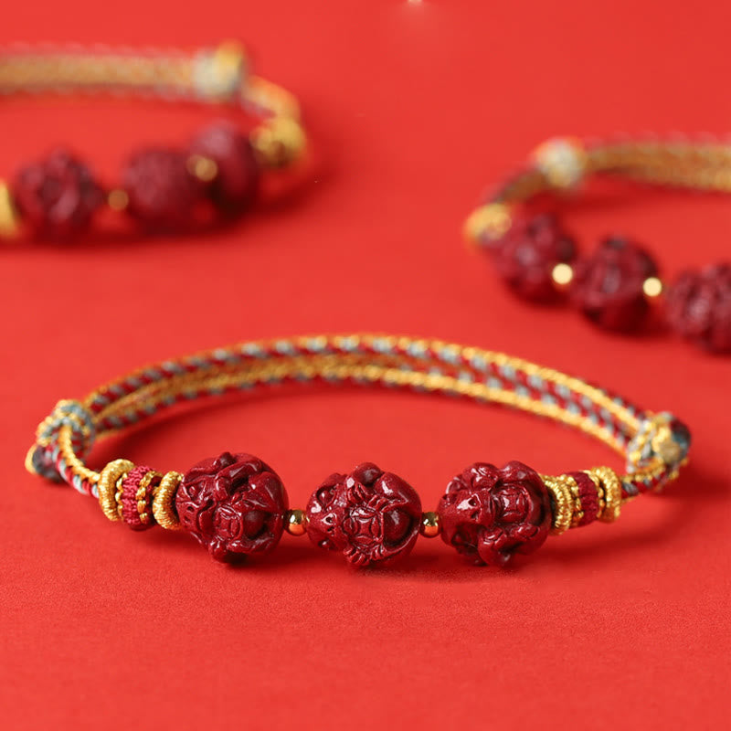 Handmade Cinnabar Chinese Zodiac Bracelet with Dark Red String Blessings