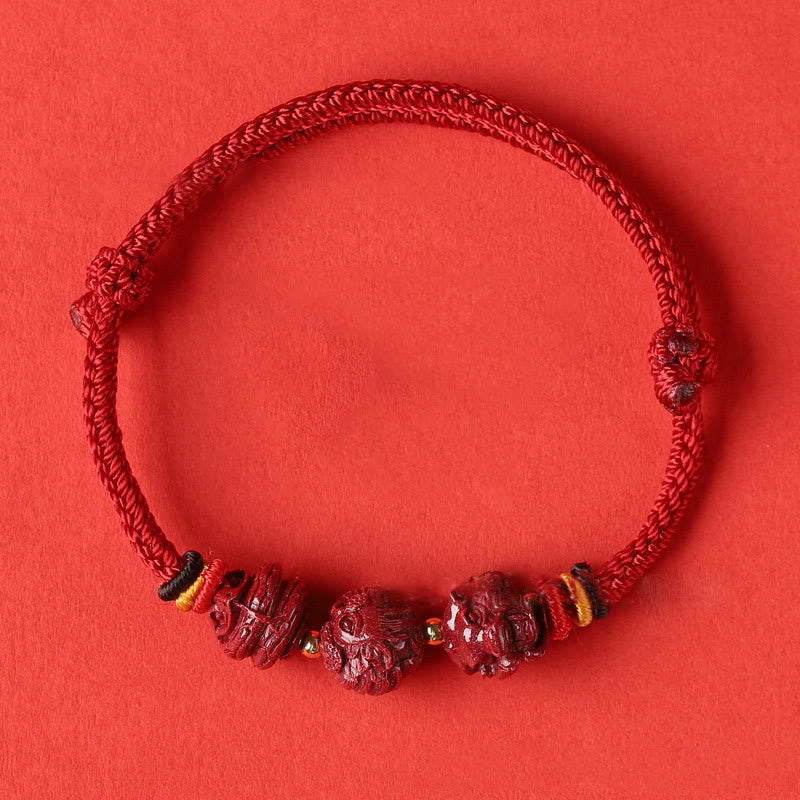 Handmade Cinnabar Chinese Zodiac Bracelet with Dark Red String Blessings