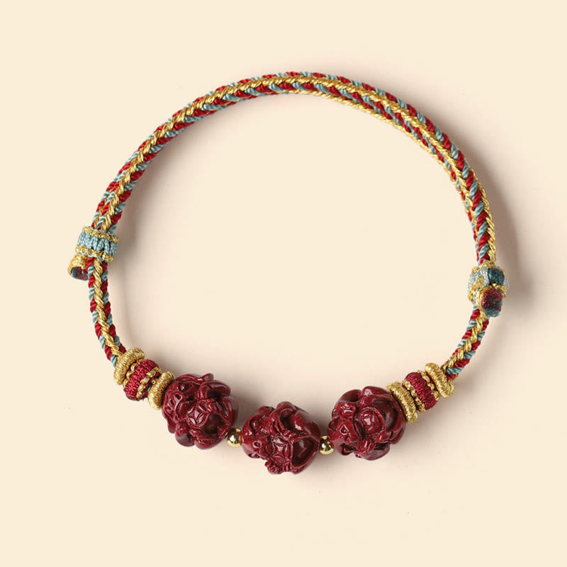 Handmade Cinnabar Chinese Zodiac Bracelet with Dark Red String Blessings