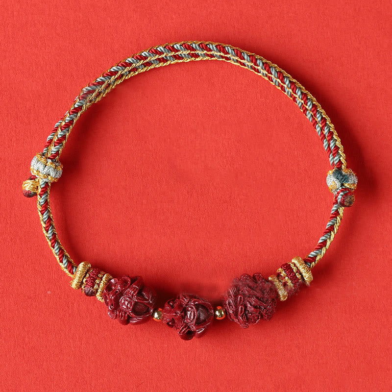 Handmade Cinnabar Chinese Zodiac Bracelet with Dark Red String Blessings