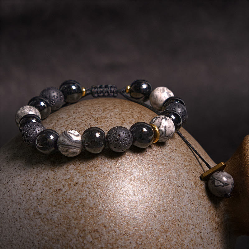 Black Obsidian Lava Rock Yin Yang Bracelet for Strength