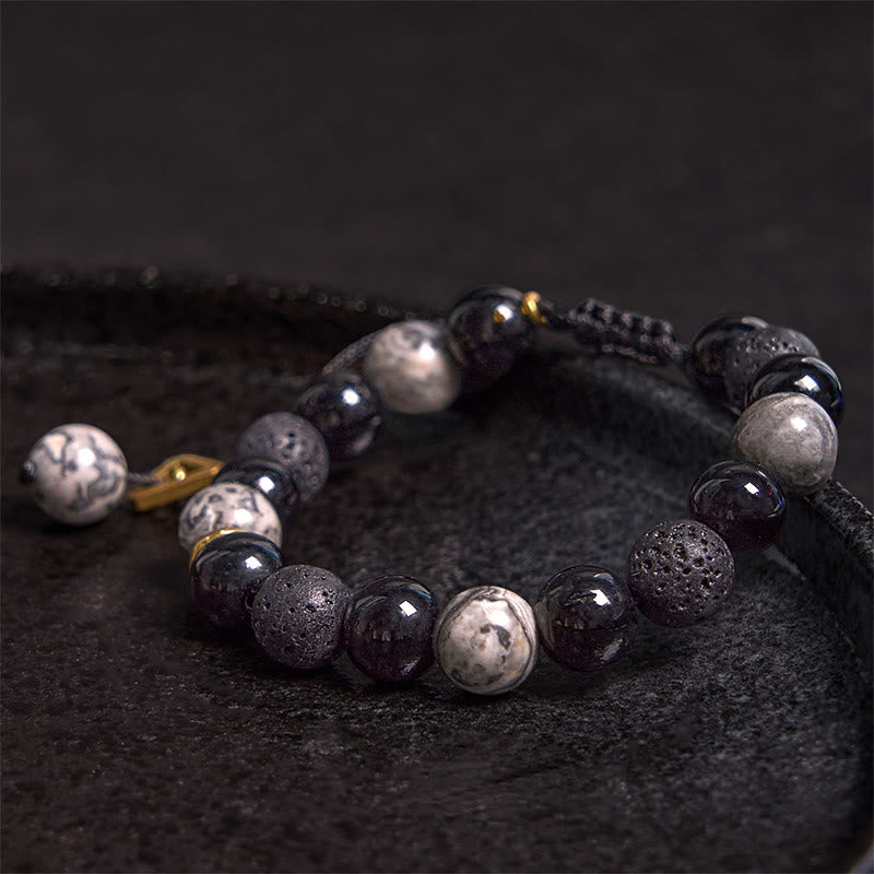 Black Obsidian Lava Rock Yin Yang Bracelet for Strength