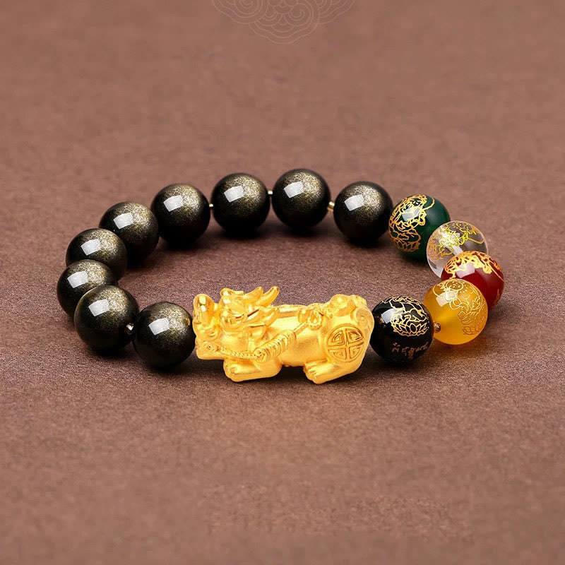 10mm Gold Sheen Obsidian Five Directions Gods of Wealth Protection Bracelet