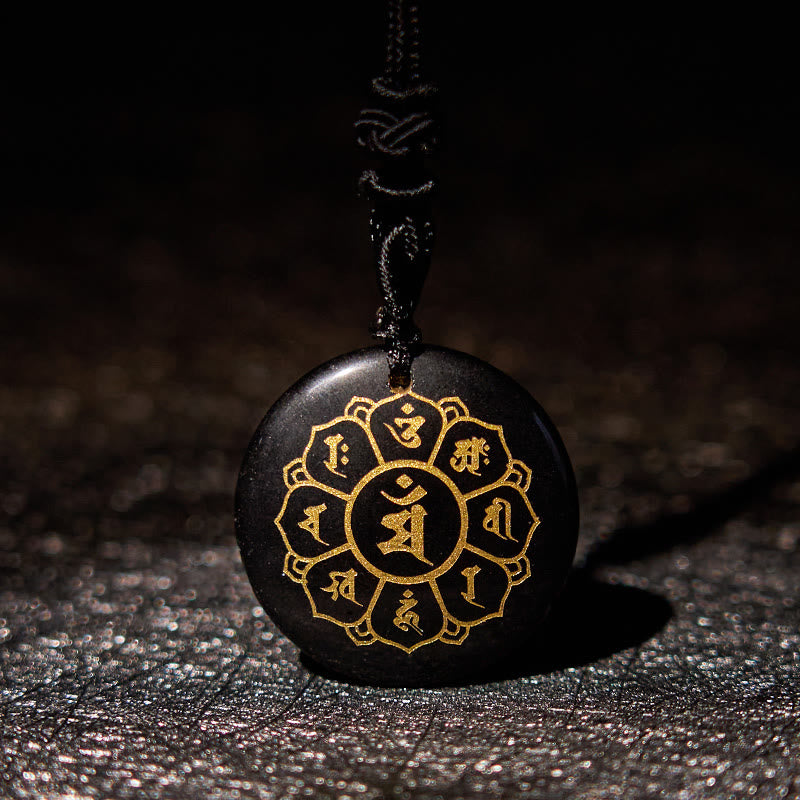 Om Mani Padme Hum Necklace | Black Obsidian Strength Pendant