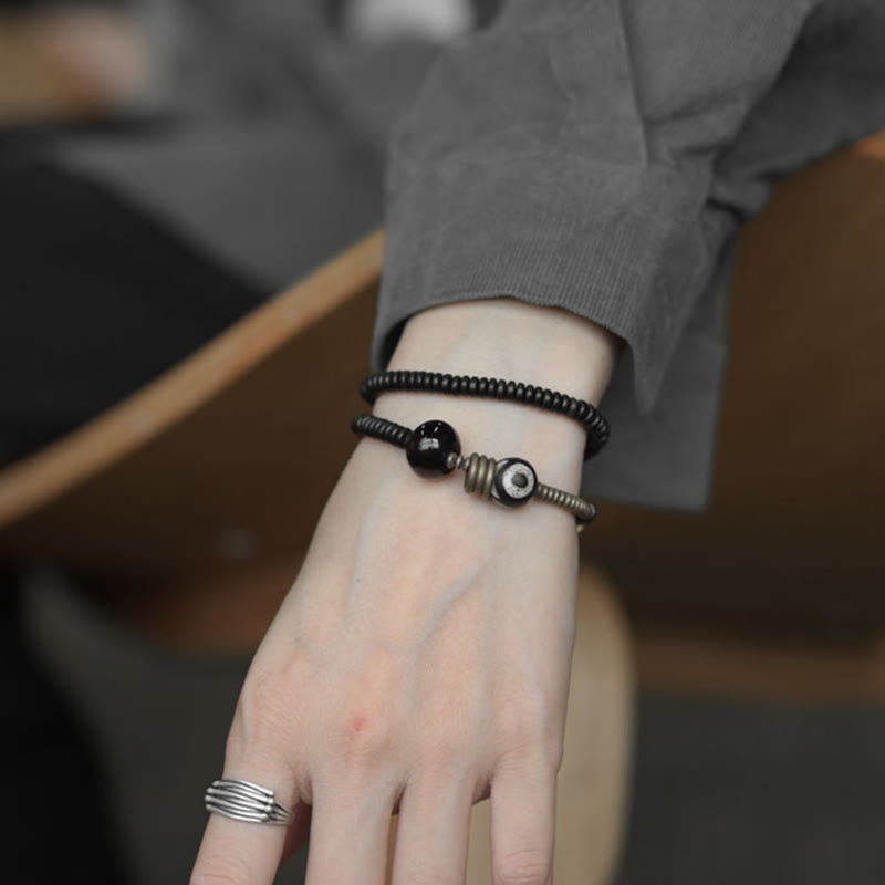 Double Wrap Ebony Wood and Green Sandalwood Obsidian Bracelet for Calm