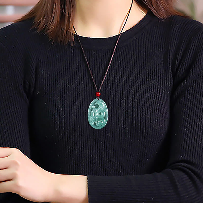 Oval Jade Snake Necklace Pendant for Luck & Protection