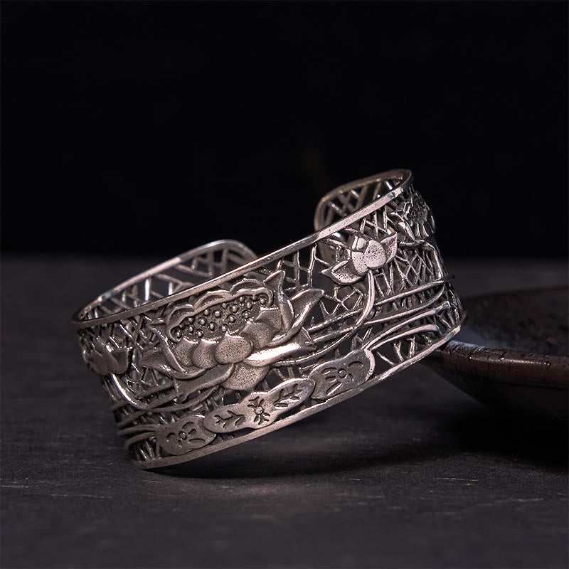Adjustable Silver Plated Copper Lotus Bracelet Bangle