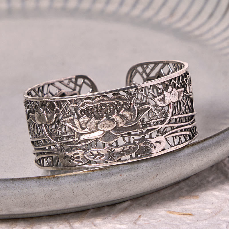 Adjustable Silver Plated Copper Lotus Bracelet Bangle