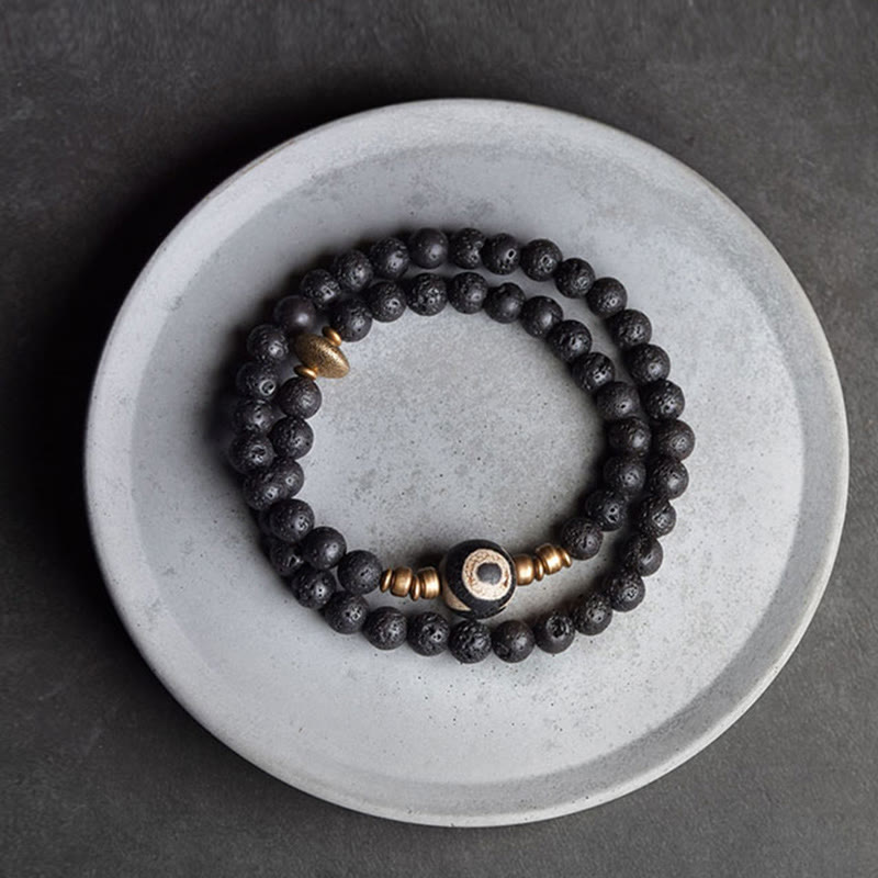 6mm Lava Rock Three-eyed Dzi Bead Double Wrap Bracelet