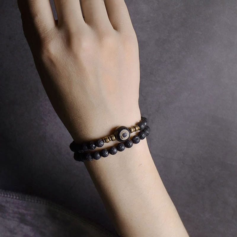 6mm Lava Rock Three-eyed Dzi Bead Double Wrap Bracelet