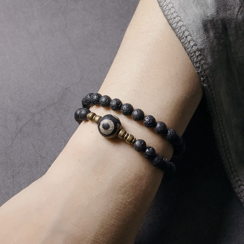 6mm Lava Rock Three-eyed Dzi Bead Double Wrap Bracelet