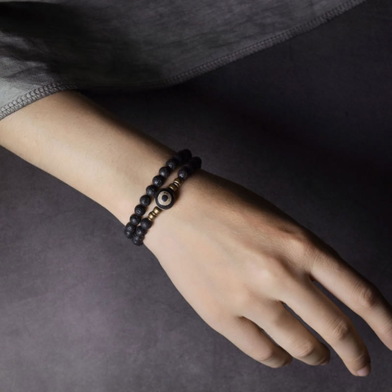 6mm Lava Rock Three-eyed Dzi Bead Double Wrap Bracelet