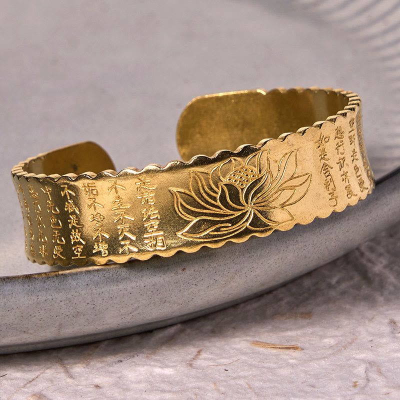 Vintage Lotus Flower Heart Sutra Copper Cuff Bracelet