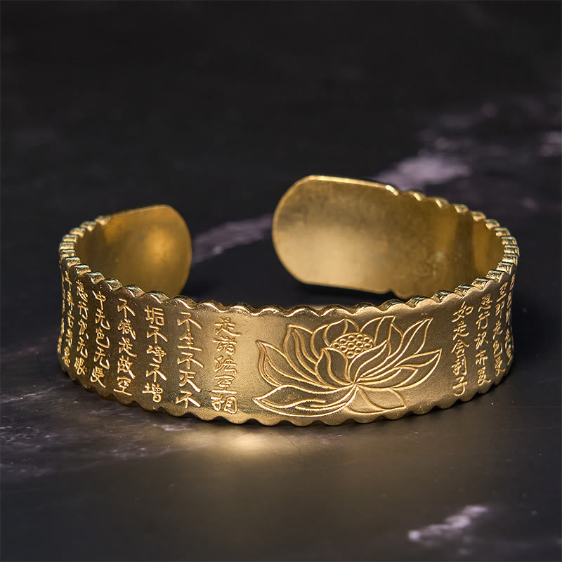 Vintage Lotus Flower Heart Sutra Copper Cuff Bracelet
