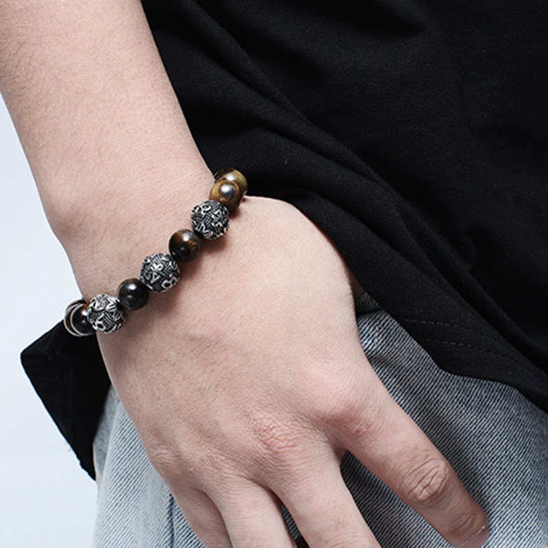 12mm Tiger Eye Men's Protection Bracelet with Titanium Steel