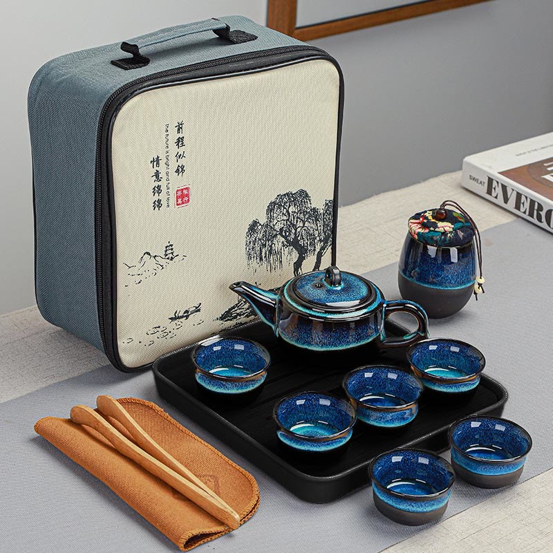 Blue Gradient Ceramic Gongfu Teapot Set for Zen Decor