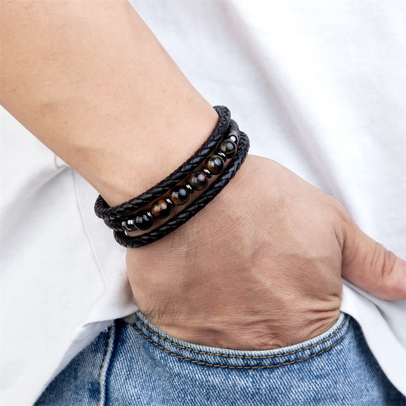 8mm Tiger Eye Bead Positive Leather Balance Bracelet