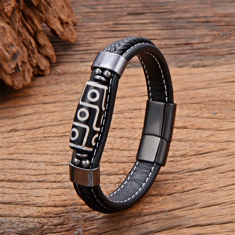 Nine-Eye Dzi Bead Agate Bracelet with Adjustable Leather Buckle