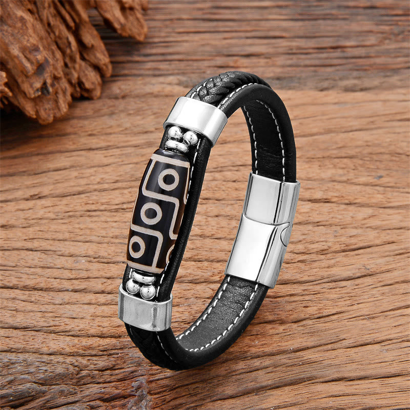 Nine-Eye Dzi Bead Agate Bracelet with Adjustable Leather Buckle