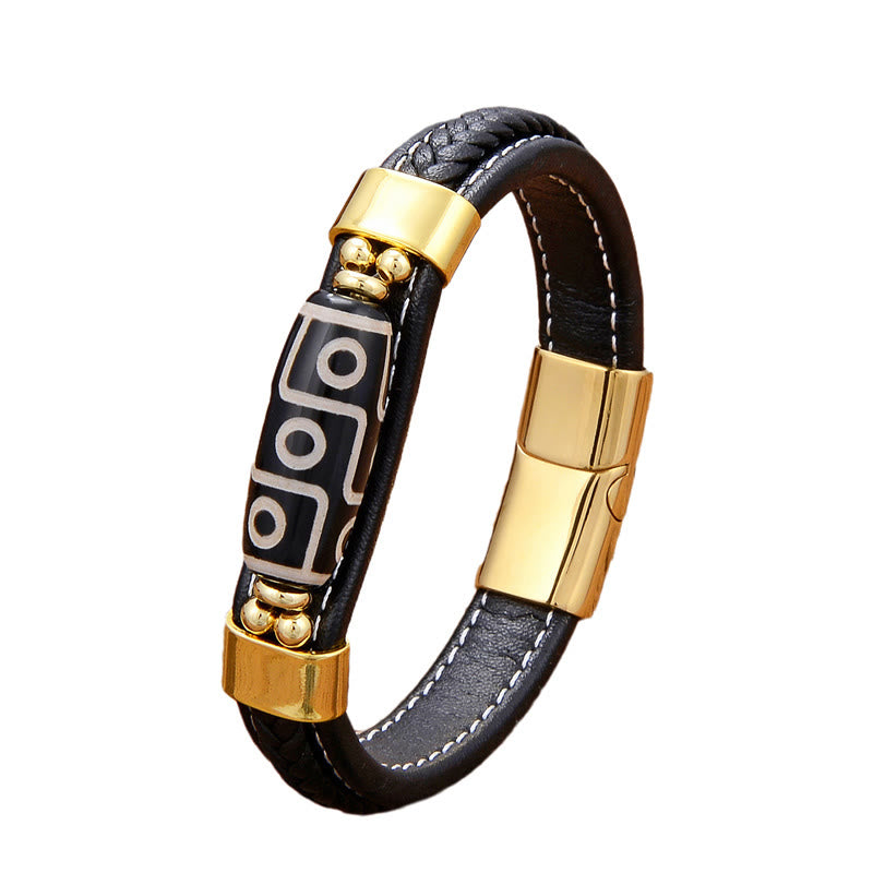 Nine-Eye Dzi Bead Agate Bracelet with Adjustable Leather Buckle