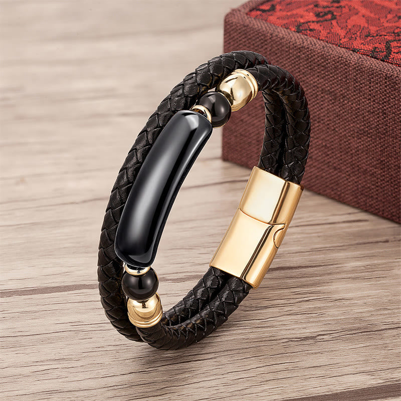 Gold Tiger Eye Leather Bracelet with Magnetic Buckle for Luck & Protection