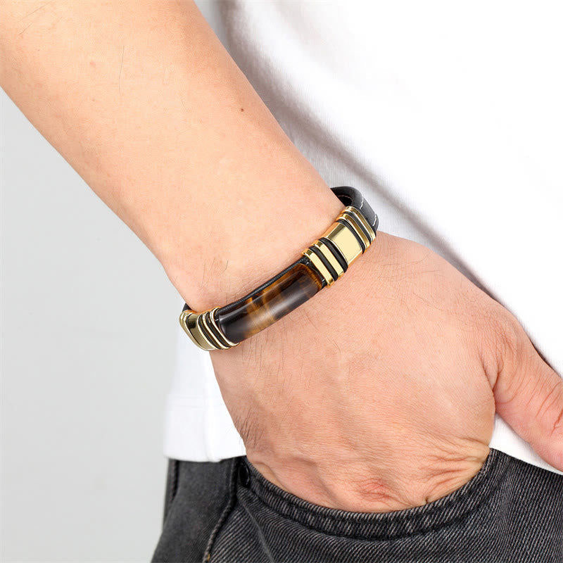 Gold Tiger Eye Stone Leather Buckle Bracelet 18-20cm for Clarity