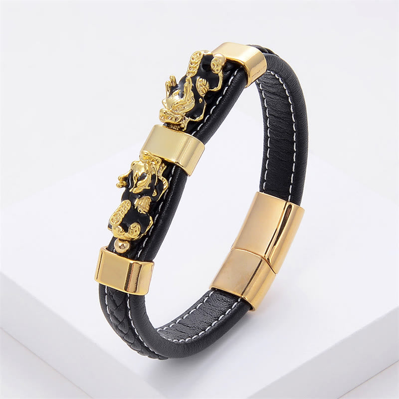 Gold PiXiu Leather Bracelet 18-20cm Magnetic Buckle for Wealth