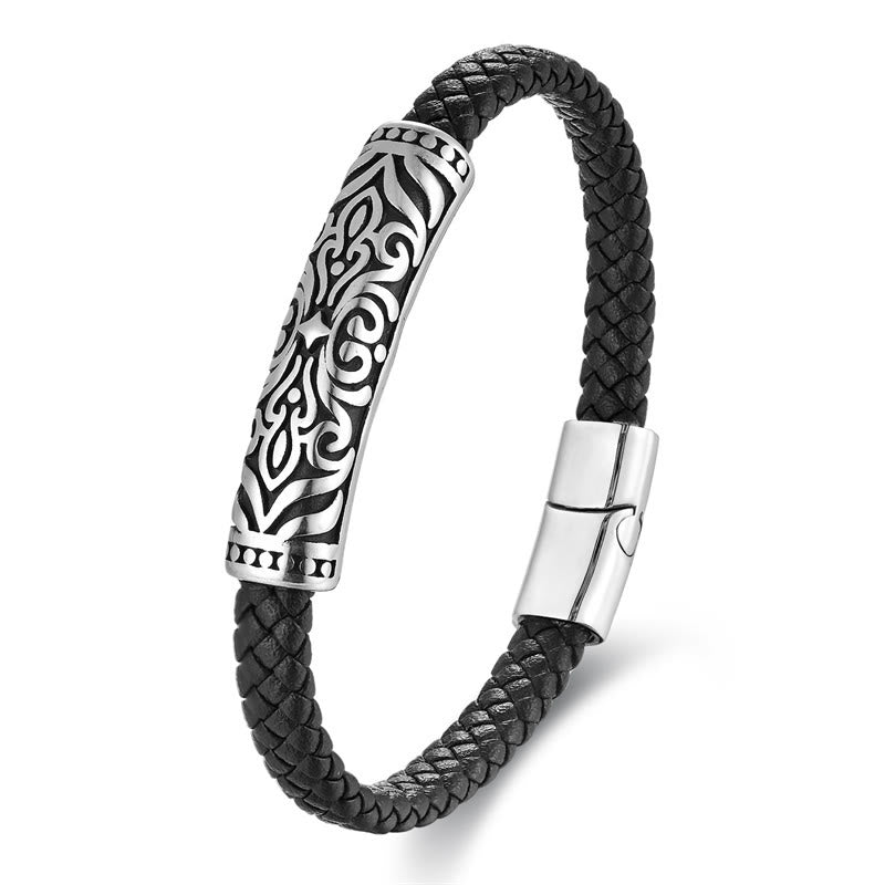 Double Layer Titanium Steel Leather Bracelet with Flower Pattern | Strength and Balance