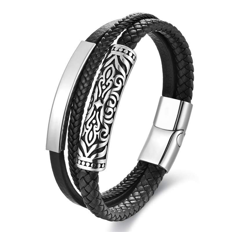 Double Layer Titanium Steel Leather Bracelet with Flower Pattern | Strength and Balance