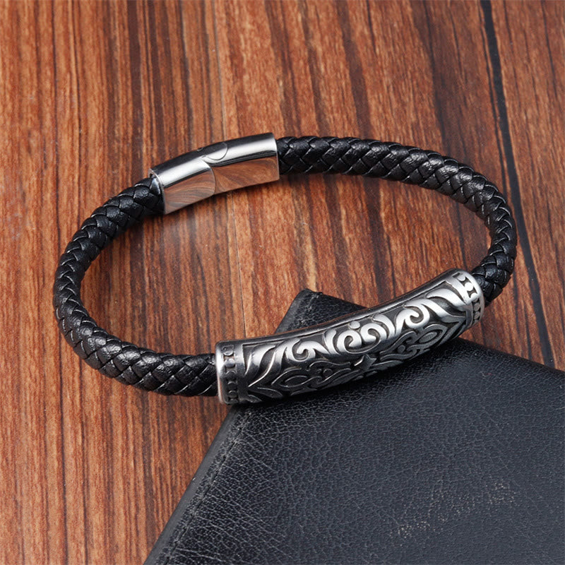 Double Layer Titanium Steel Leather Bracelet with Flower Pattern | Strength and Balance