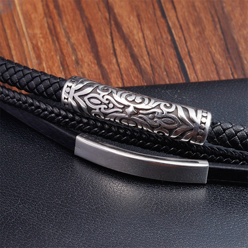 Double Layer Titanium Steel Leather Bracelet with Flower Pattern | Strength and Balance