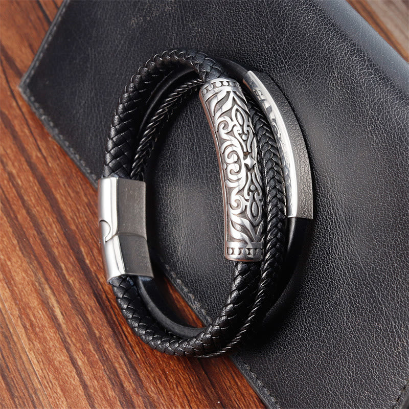 Double Layer Titanium Steel Leather Bracelet with Flower Pattern | Strength and Balance