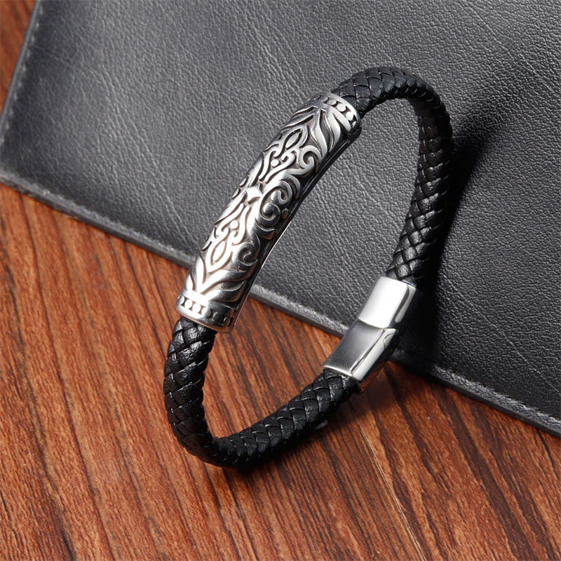 Double Layer Titanium Steel Leather Bracelet with Flower Pattern | Strength and Balance