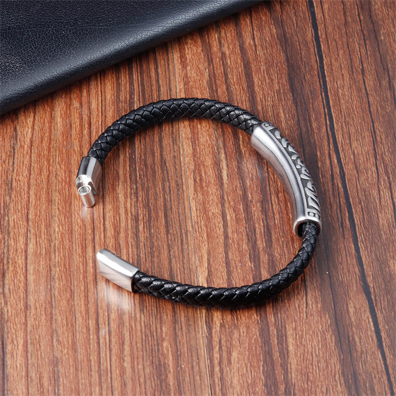 Double Layer Titanium Steel Leather Bracelet with Flower Pattern | Strength and Balance