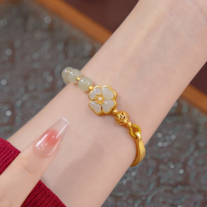 Hetian Jade 925 Sterling Silver Lucky Flower Cuff Bracelet