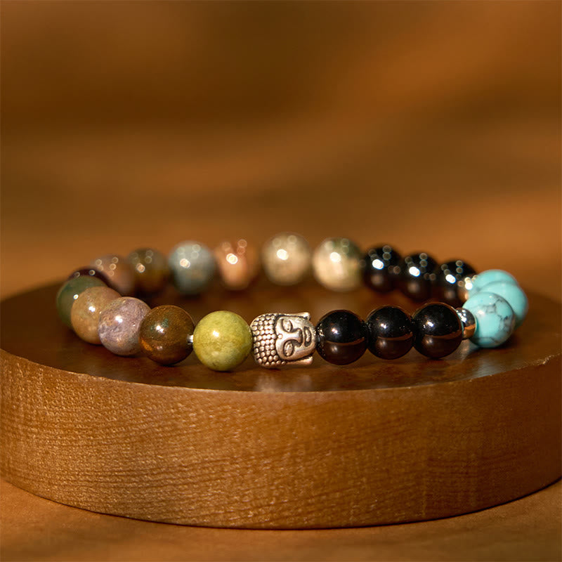 8mm Mixed Gemstone Buddha Bracelet for Protection & Balance