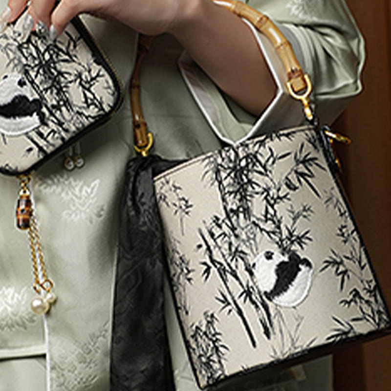 Panda Bamboo Magpie Embroidered Crossbody Bag 16x16x18cm