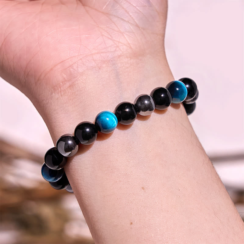 8mm Yellow Tiger Eye Obsidian Hematite Bracelet for Men