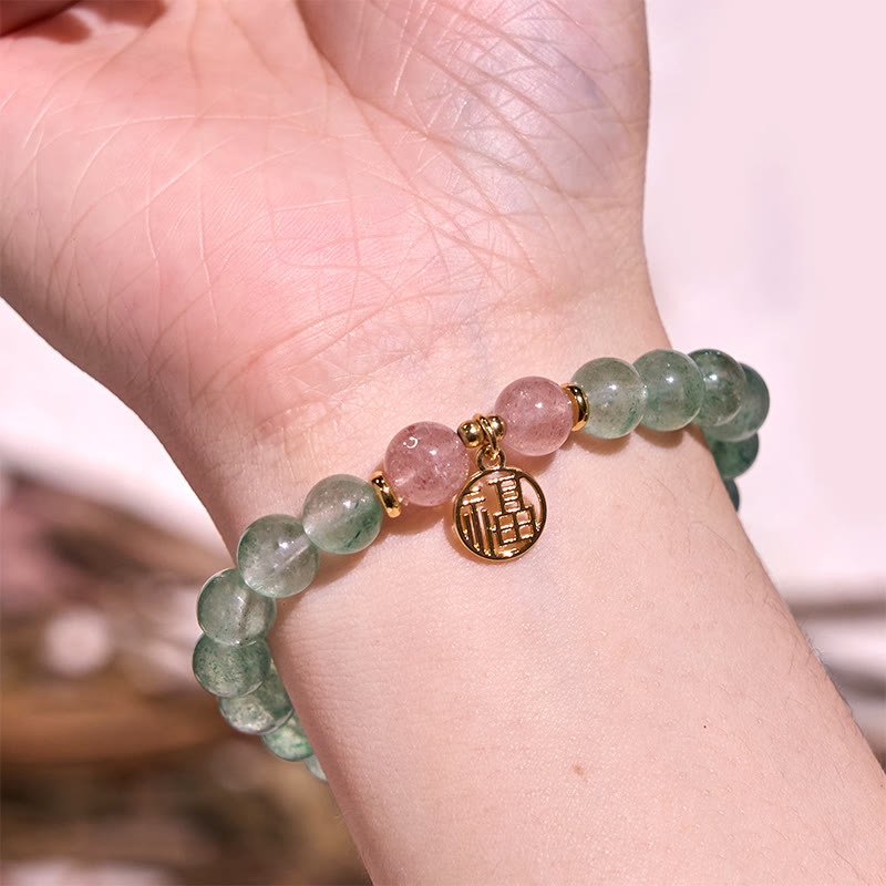 8mm Green Strawberry Quartz Fu Character Spiritual Bracelet