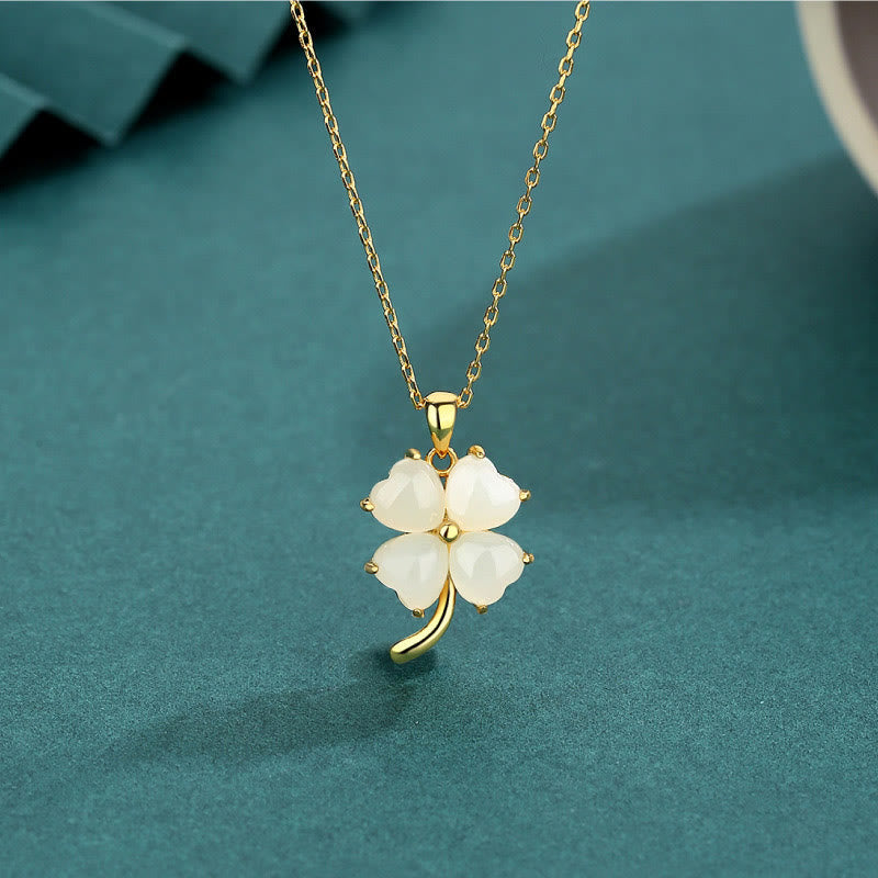 925 Silver Hetian Jade Four Leaf Clover Necklace for Luck