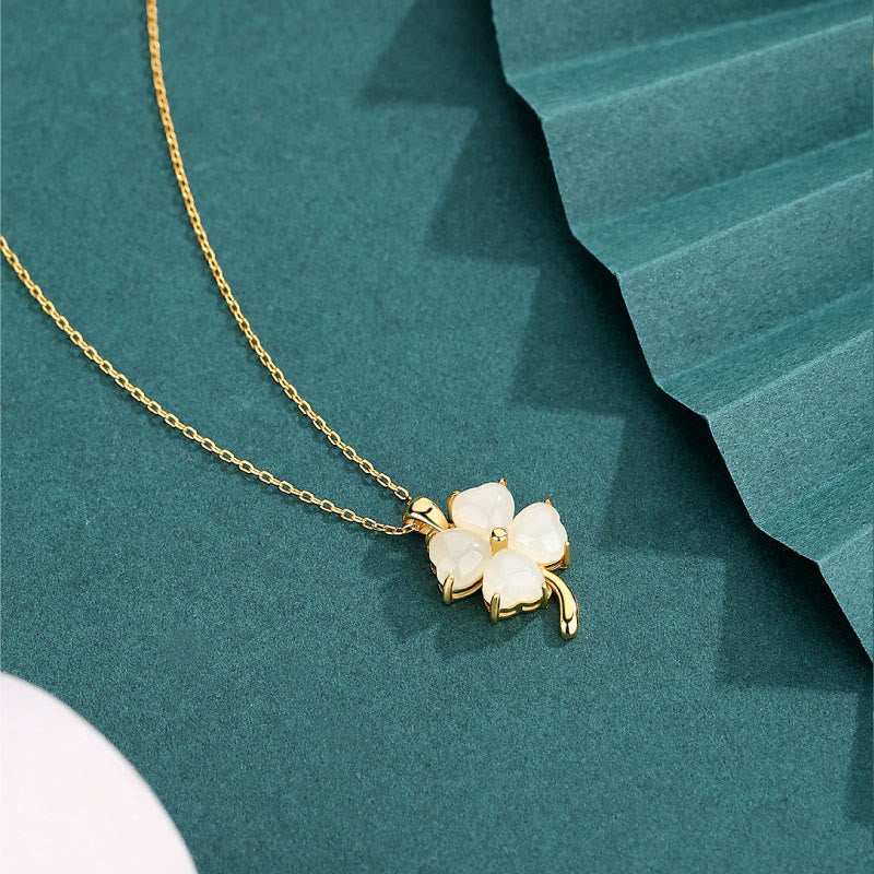 925 Silver Hetian Jade Four Leaf Clover Necklace for Luck