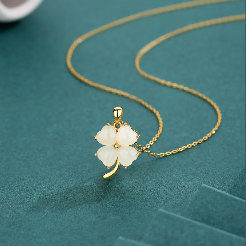 925 Silver Hetian Jade Four Leaf Clover Necklace for Luck