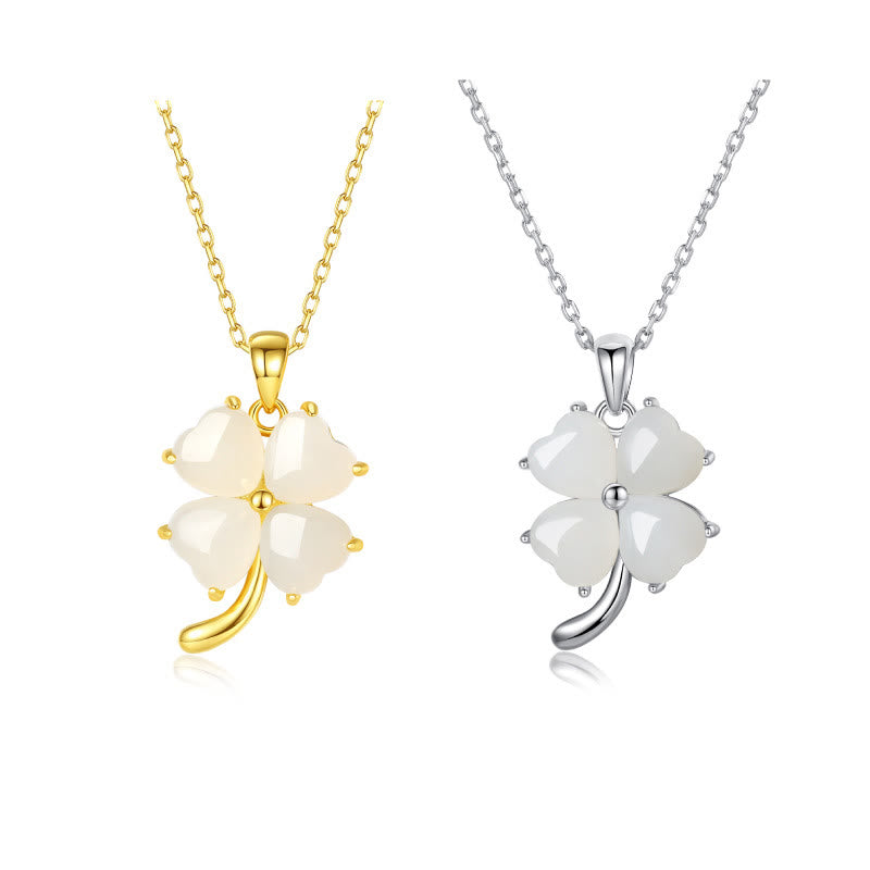 925 Silver Hetian Jade Four Leaf Clover Necklace for Luck