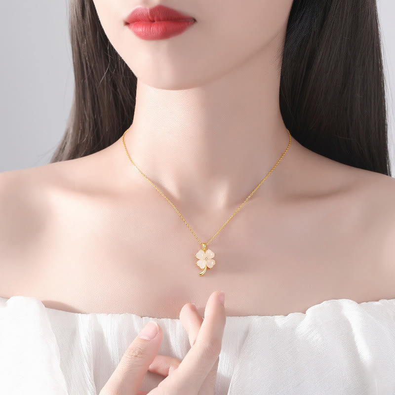 925 Silver Hetian Jade Four Leaf Clover Necklace for Luck