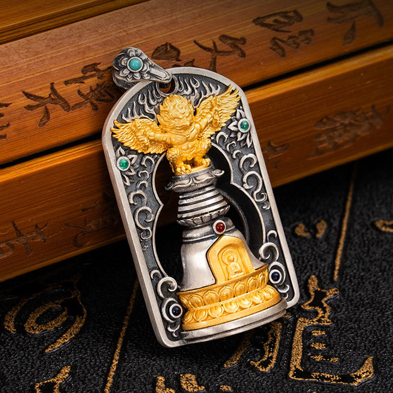925 Sterling Silver Tibetan Garuda Bird Vajra Dorje Bell Pendant