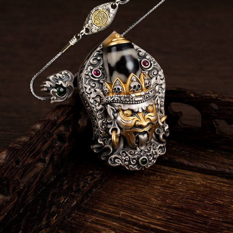 Tibetan Zakiram Dzi Bead Necklace 925 Silver Pendant Protection