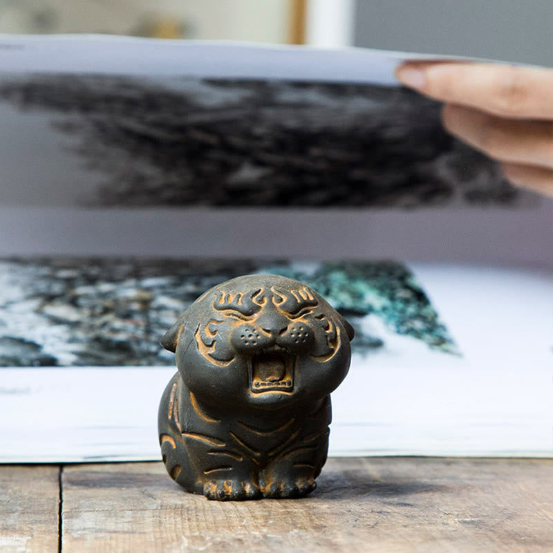 Mini Cute Tiger Iron Resin Statue - Spiritual Animal Figurine